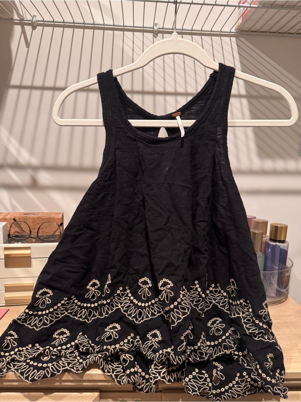 Free People Black Tank Top with Ivory Embroidered Hem